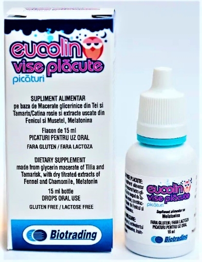 Eucolin Vise Placute picaturi supliment alimentar pentru calmarea colicilor si somn linistit - 15ml Eucolin Vise Placute picaturi supliment alimentar pentru calmarea colicilor si somn linistit - 15ml