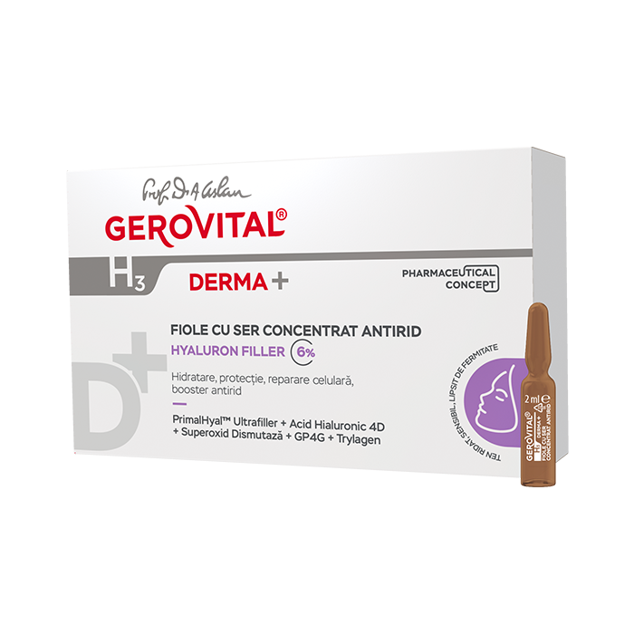 Fiole cu ser concentrat antirid H3 Derma+, 10 fiole x 2 ml, Gerovital Fiole cu ser concentrat antirid H3 Derma+, 10 fiole x 2 ml, Gerovital