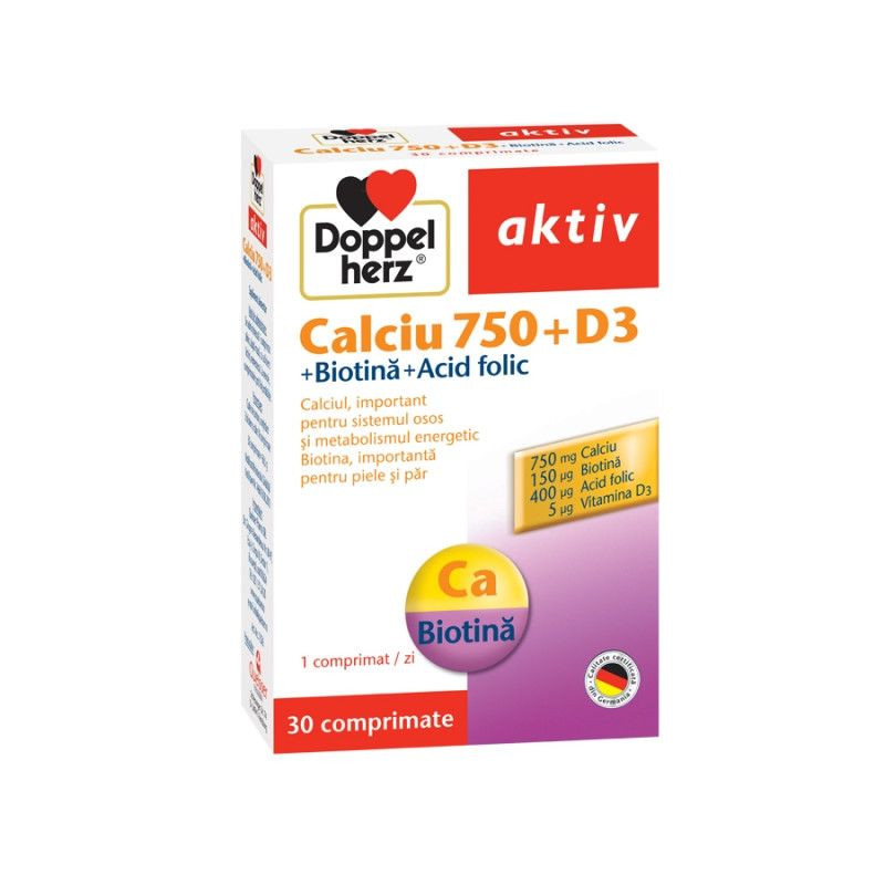 Doppelherz Aktiv Calciu 750 mg + D3 + Biotina + Acid Folic 30 Comprimate Doppelherz Aktiv Calciu 750 mg + D3 + Biotina + Acid Folic 30 Comprimate