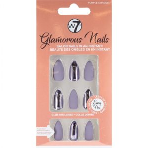 Kit 24 Unghii False W7 Glamorous Nails, Purple Chrome, cu adeziv inclus si pila de unghii
