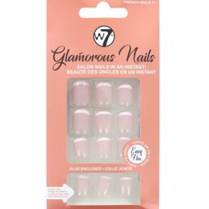 Kit 24 Unghii False W7 Glamorous Nails, French Nails 01, cu adeziv inclus si pila de unghii
