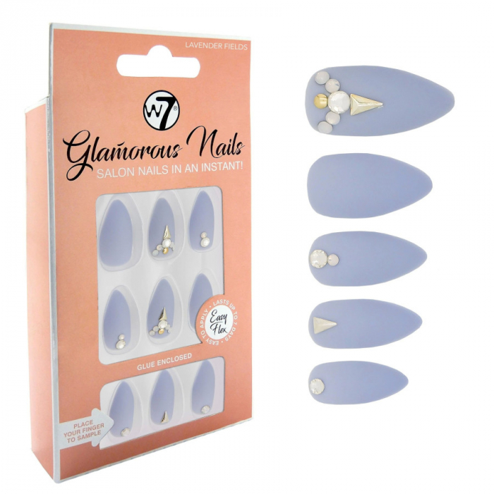 Kit 24 Unghii False W7 Glamorous Nails, Lavender Fields, cu adeziv inclus si pila de unghii Kit 24 Unghii False W7 Glamorous Nails, Lavender Fields, cu adeziv inclus si pila de unghii