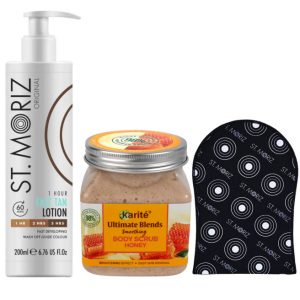 Pachet complet pentru Autobronzare Profesionala ST MORIZ cu Lotiune, Scrub cu Miere si Manusa