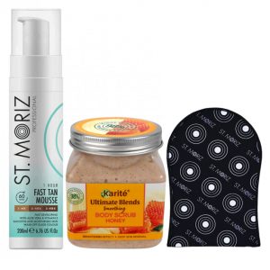 Pachet complet pentru Autobronzare Profesionala ST MORIZ cu Spuma cu Efect Rapid, Scrub cu Miere si Manusa