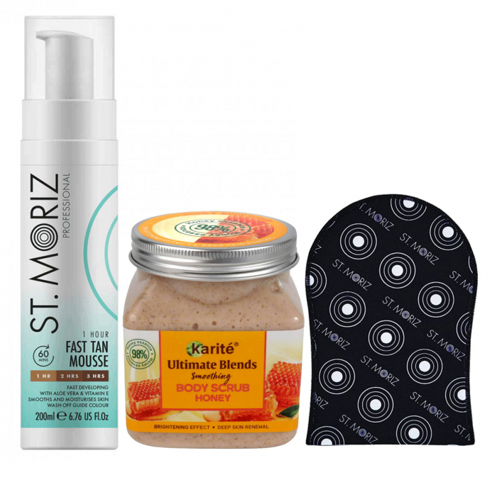 Pachet complet pentru Autobronzare Profesionala ST MORIZ cu Spuma cu Efect Rapid, Scrub cu Miere si Manusa Pachet complet pentru Autobronzare Profesionala ST MORIZ cu Spuma cu Efect Rapid, Scrub cu Miere si Manusa