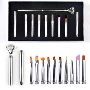 Pensule Unghii cu Rezerve, Set 10Buc cu Cristale, Tip Stilou, Silver