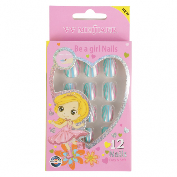 Set 12 Unghii False Pentru Copii, 115 Dungi Colorate Set 12 Unghii False Pentru Copii, 115 Dungi Colorate