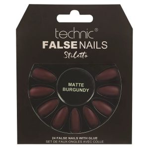 Set 24 Unghii False cu adeziv inclus Technic False Nails, Stiletto, Matte Burgundy