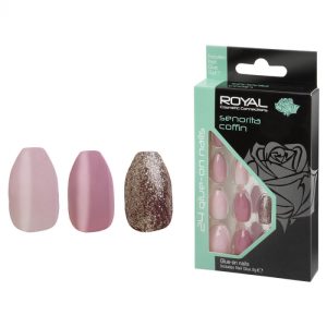 Set 24 Unghii False ROYAL Glue-On Nail Tips, Senorita Coﬃn, Adeziv Inclus 3 g