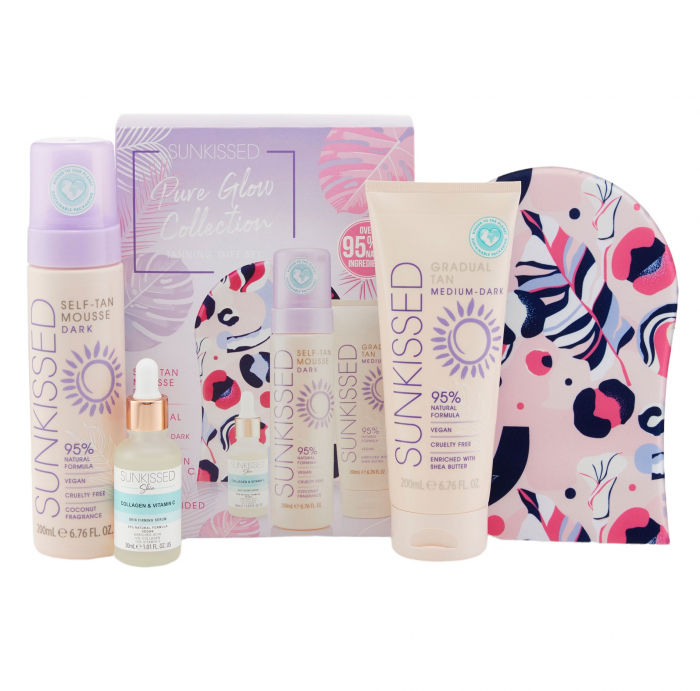 Set complet pentru autobronzare profesionala SUNKISSED Pure Glow Collection Gift Set Dark, 95% Ingrediente Naturale Set complet pentru autobronzare profesionala SUNKISSED Pure Glow Collection Gift Set Dark, 95% Ingrediente Naturale