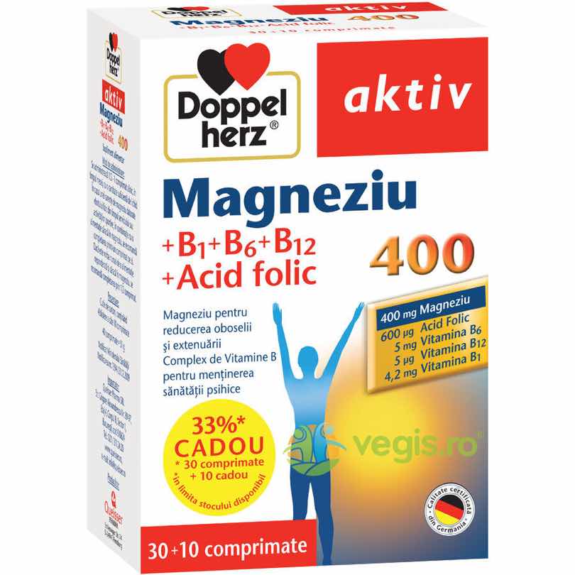 Magneziu 400 cu Vitaminele B1, B6, B12 si Acid Folic Aktiv 30tb+10tb Magneziu 400 cu Vitaminele B1, B6, B12 si Acid Folic Aktiv 30tb+10tb