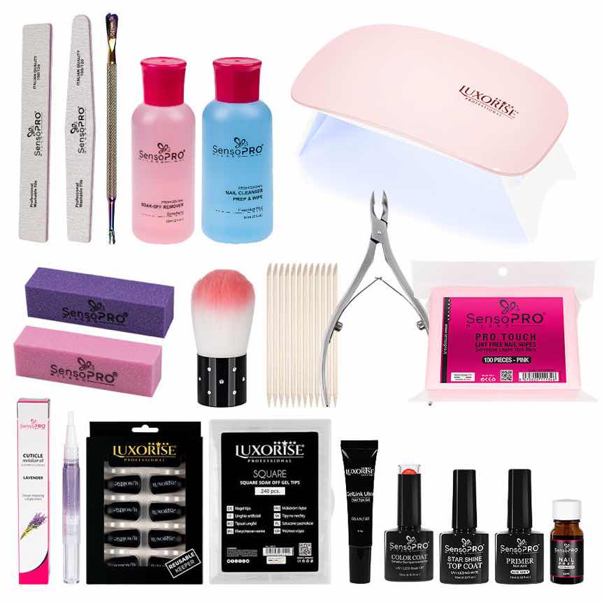 Kit Unghii False cu Tipsuri Soak Off Easy Shine + Lampa UV LED Kit Unghii False cu Tipsuri Soak Off Easy Shine + Lampa UV LED