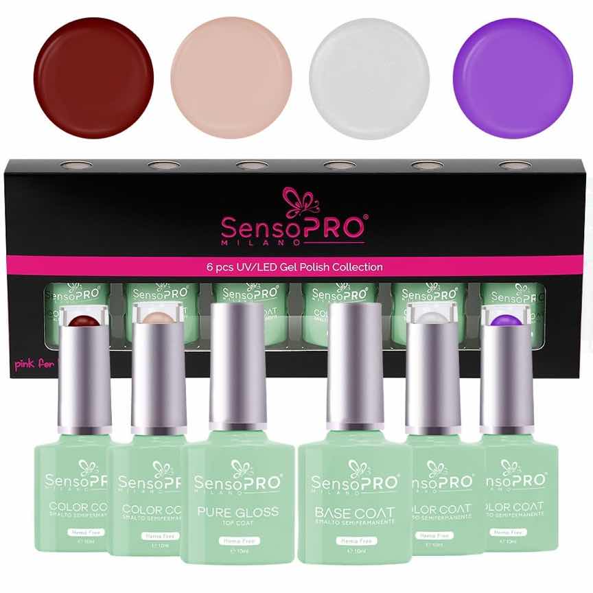Set 4 Oje Semipermanente, Base & Top Coat Hema Free 10ml SensoPRO Milano, Radiance Charm Set 4 Oje Semipermanente, Base & Top Coat Hema Free 10ml SensoPRO Milano, Radiance Charm